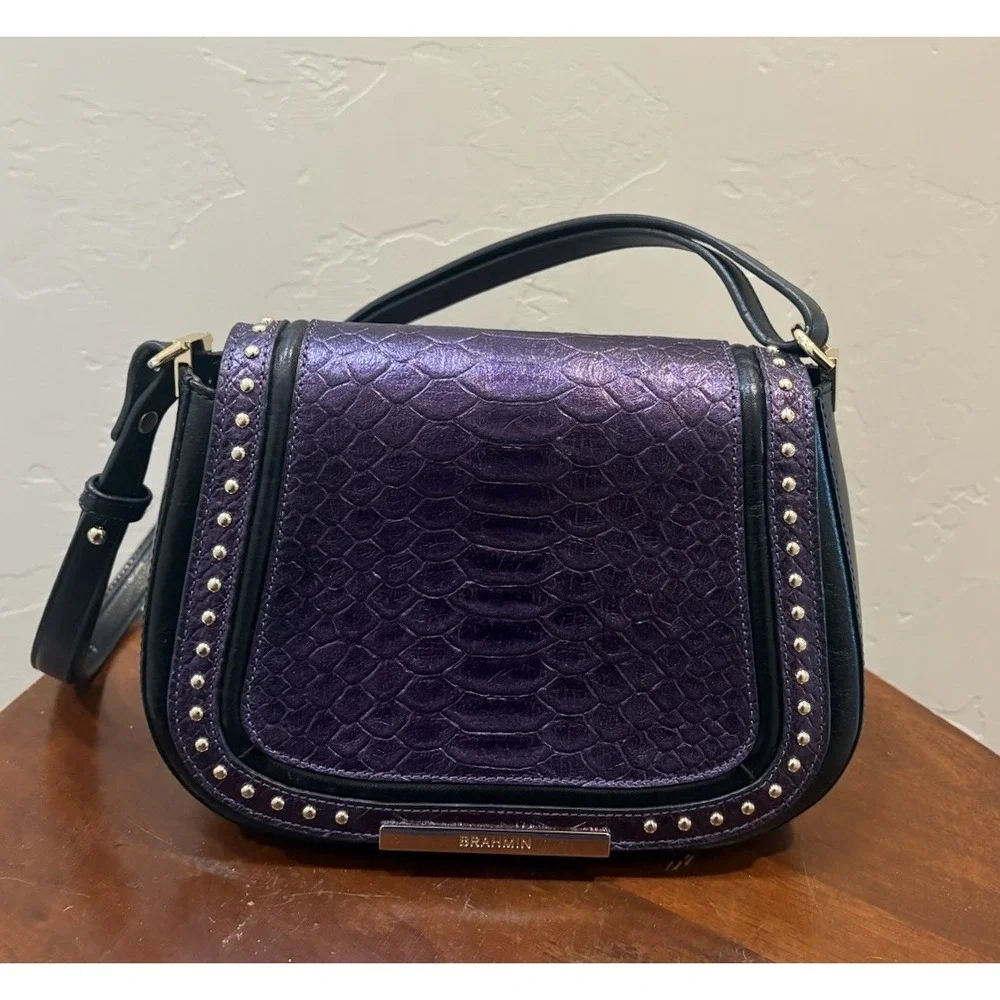 Brahmin Leather Crossbody Purse Iridescent Purple Exotic Textured Studded Flap